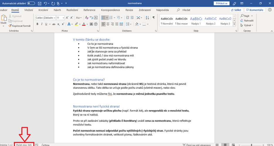 normostrana počet znaků ve Wordu